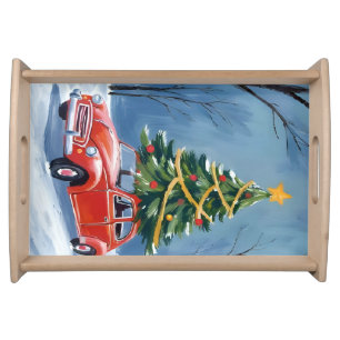 Antique Red Car Christmas Tree Serving Tray