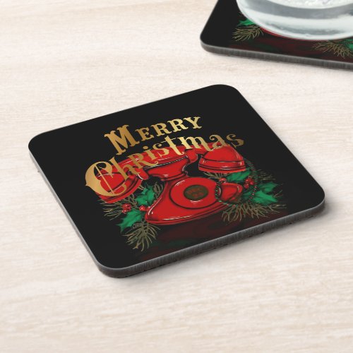 Antique Red Christmas Telephone Beverage Coaster