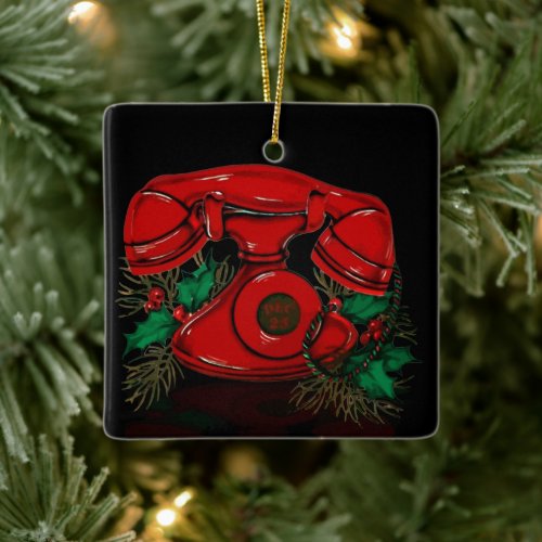 Antique Red Christmas Telephone Ceramic Ornament