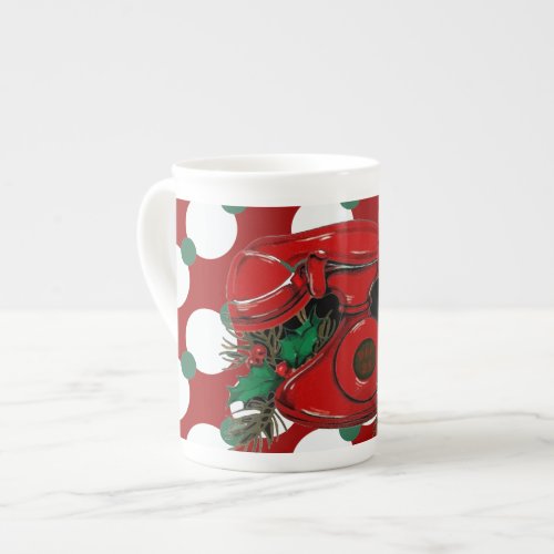 Antique Red Christmas Telephone Coordinating Bone China Mug