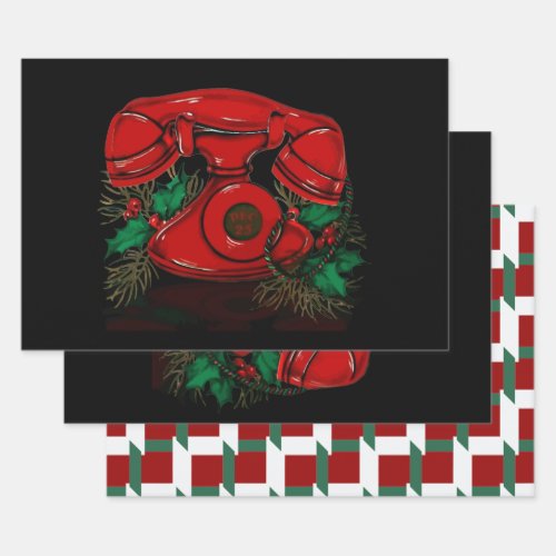 Antique Red Christmas Telephone Gift Wrapping Paper Sheets