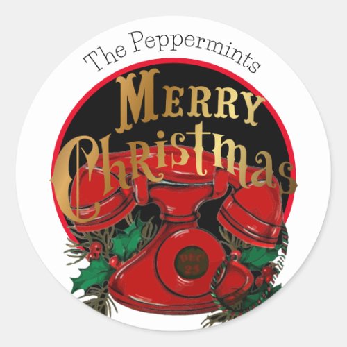 Antique Red Christmas Telephone Personalized Classic Round Sticker