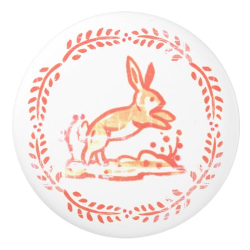Antique Red Coral Bunny Rabbit Vintage Rustic Ceramic Knob