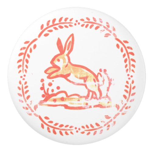 Antique Red Coral  Bunny Rabbit Vintage Rustic Ceramic Knob