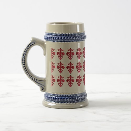 ANTIQUE RED FLEUR DE LIS IN WHITE Floral Pattern Beer Stein