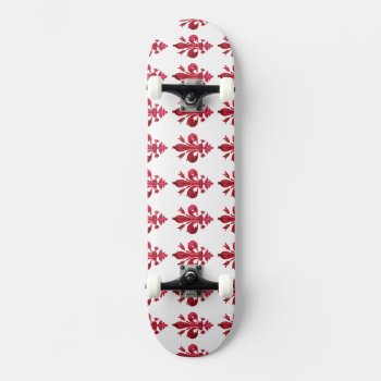 Antique Red Fleur De Lis In White Floral Pattern Skateboard Deck by AiLartworks at Zazzle