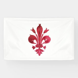 ANTIQUE RED FLEUR DE LIS IN WHITE Heraldic Floral  Banner