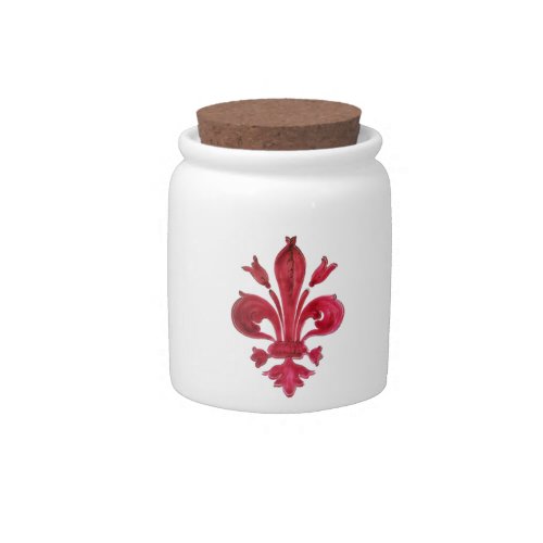 ANTIQUE RED FLEUR DE LIS IN WHITE Heraldic Floral  Candy Jar
