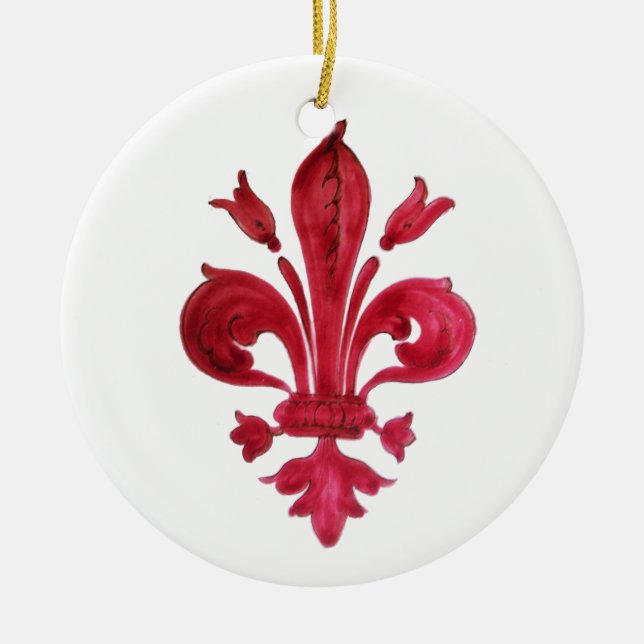ANTIQUE RED FLEUR DE LIS IN WHITE Heraldic Floral  Ceramic Ornament (Front)