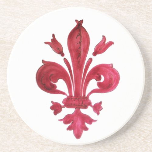 ANTIQUE RED FLEUR DE LIS IN WHITE Heraldic Floral  Drink Coaster