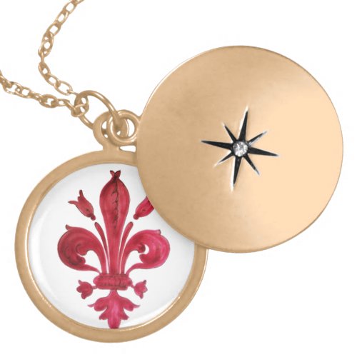 ANTIQUE RED FLEUR DE LIS IN WHITE Heraldic Floral  Gold Plated Necklace