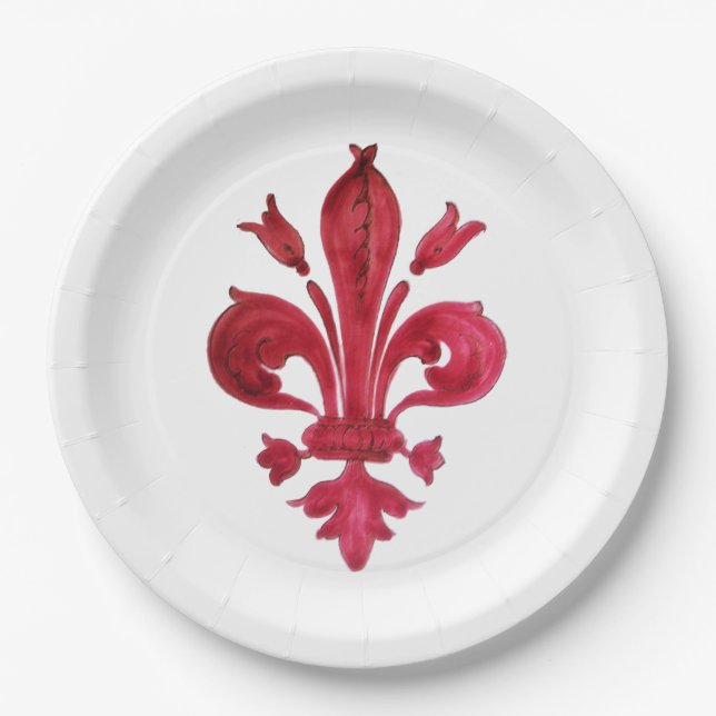 ANTIQUE RED FLEUR DE LIS IN WHITE Heraldic Floral  Paper Plates (Front)