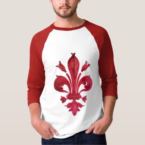 ANTIQUE RED FLEUR DE LIS IN WHITE Heraldic Floral  T_Shirt