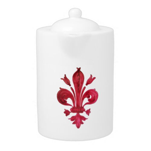 ANTIQUE RED FLEUR DE LIS IN WHITE Heraldic Floral  Teapot