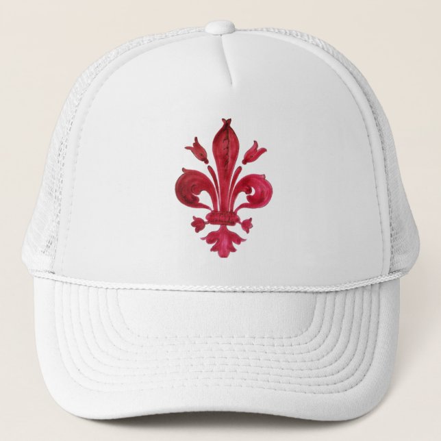 ANTIQUE RED FLEUR DE LIS IN WHITE Heraldic Floral  Trucker Hat (Front)