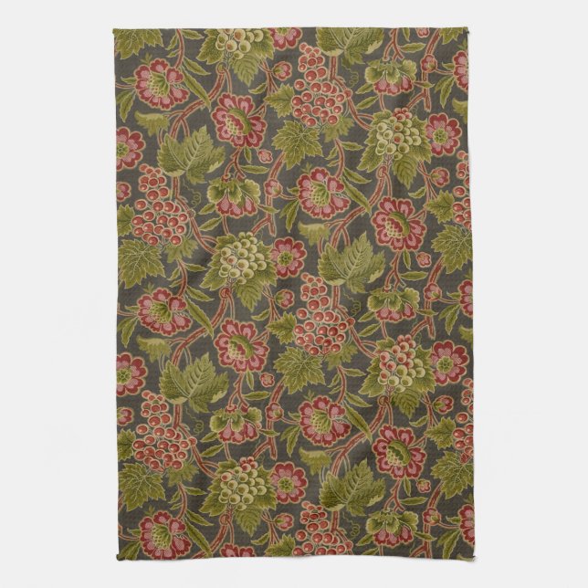 Antique Red Floral and Grapes Botanical Pattern Kitchen Towel (Vertical)