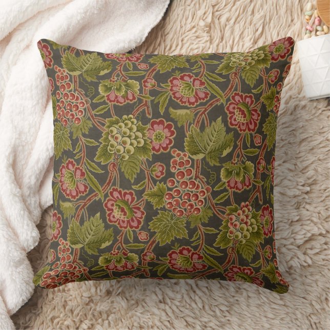 Antique Red Floral and Grapes Botanical Pattern Throw Pillow (Blanket)
