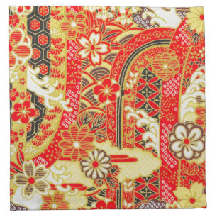 Antique Red Gold White Japanese Kimono Floral Cloth Napkin