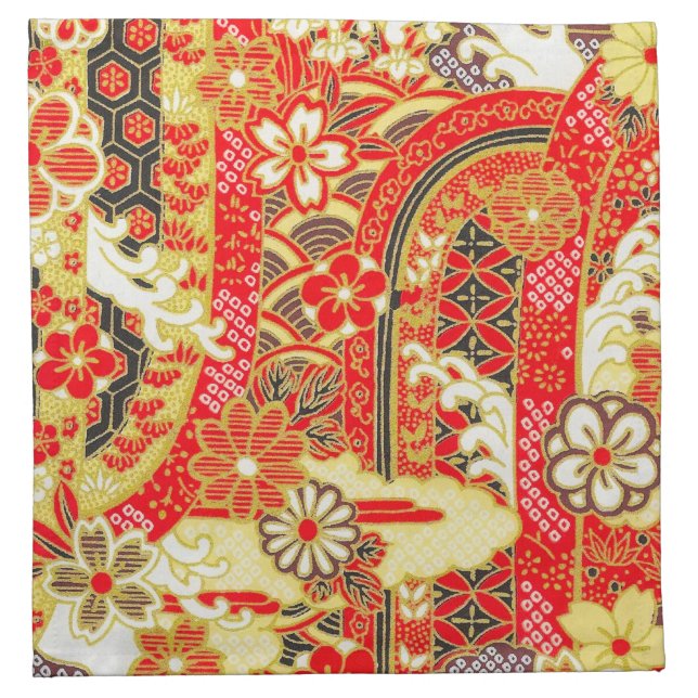Antique Red Gold White Japanese Kimono Floral  Cloth Napkin (Front)