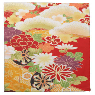 Antique Red Gold White Japanese Kimono Floral Cloth Napkin