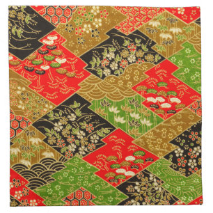 Antique Red Green Gold Japanese Kimono Floral  Cloth Napkin