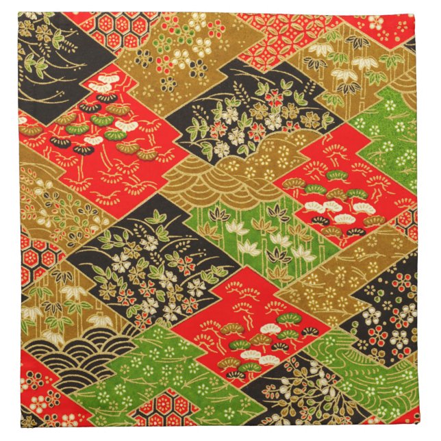 Antique Red Green Gold Japanese Kimono Floral  Cloth Napkin (Front)