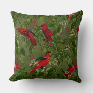 Antique Red Parrot Floral Jungle Pattern Throw Pillow