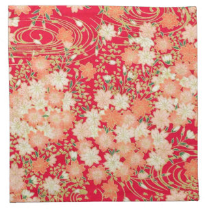 Antique Red Pink Gold Japanese Kimono Floral Cloth Napkin