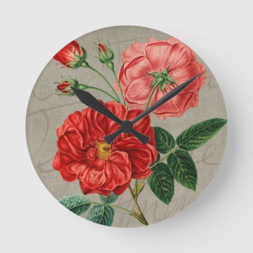 Antique Red Rose Art on Gray Round Clock