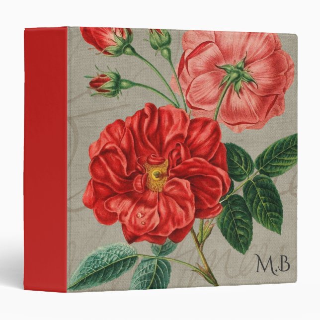 Antique Red Rose Art on Grey Monogram 3 Ring Binder (Front/Spine)