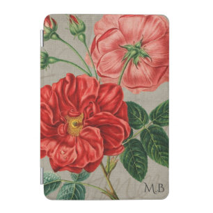 Antique Red Rose Art on Grey Monogram iPad Mini Cover