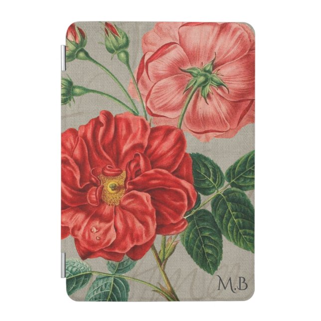 Antique Red Rose Art on Grey Monogram iPad Mini Cover (Front)