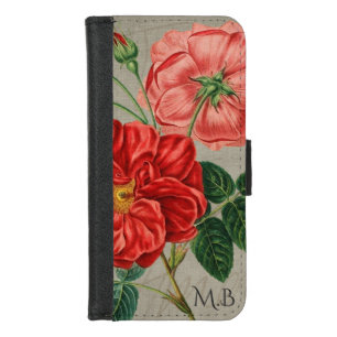 Antique Red Rose Art on Grey Monogram iPhone 8/7 Wallet Case
