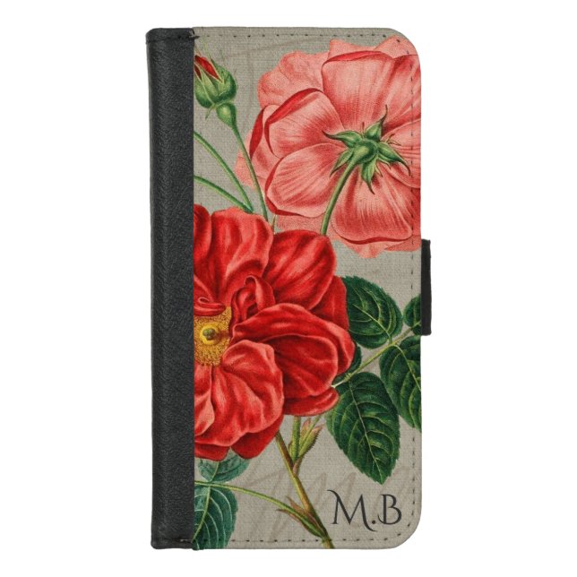 Antique Red Rose Art on Grey Monogram iPhone Wallet Case (Front)