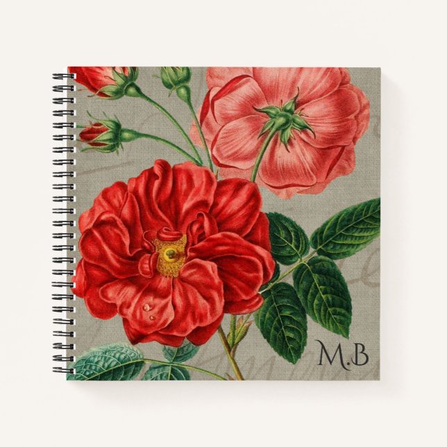Antique Red Rose Art on Grey Monogram Notebook (Front)