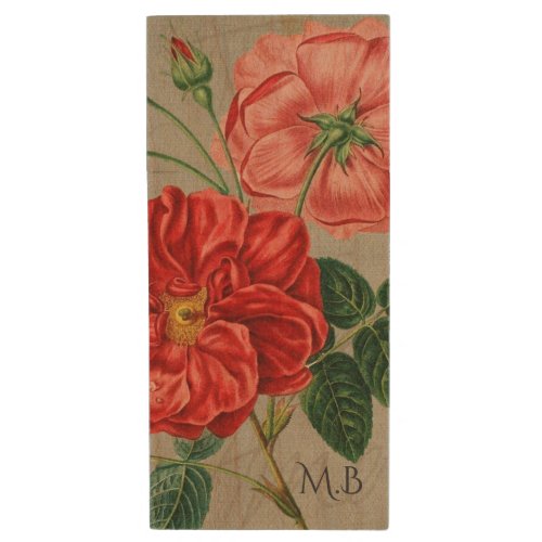 Antique Red Rose Art on Grey Monogram Wood Flash Drive