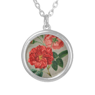 Antique Red Rose Art on Grey Silver Plated Necklace