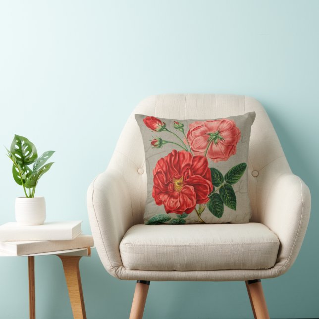 Antique Red Rose Art on Grey Throw Pillow (Chair)