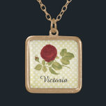 Antique Red Rose Parchment Polka Dots Gold Plated Necklace<br><div class="desc">This beautiful necklace design shows a vintage red rose graphic on a distressed, parchment colored background that has white - cream polka dots. It's an elegant design that will look pretty around your neck. Perfect for anyone who loves Victorian flowers. Add your name or the name of your loved one...</div>
