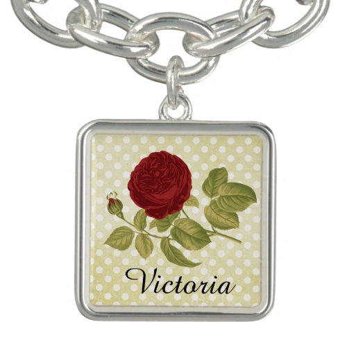 Antique Red Rose Parchment Polka Dots Personalized Charm Bracelet