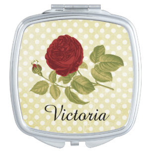 Antique Red Rose Parchment Polka Dots Personalized Compact Mirror