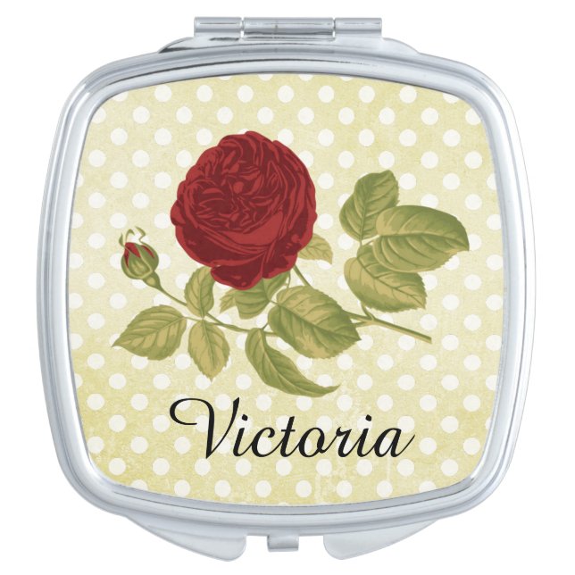 Antique Red Rose Parchment Polka Dots Personalized Compact Mirror (Front)