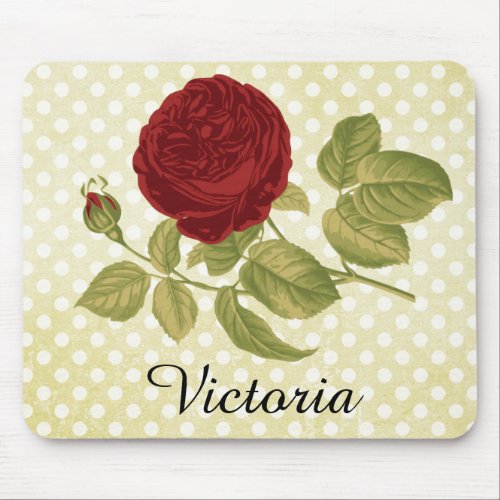 Antique Red Rose Parchment Polka Dots Personalized Mouse Pad