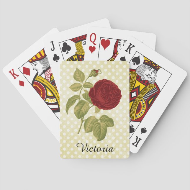 Antique Red Rose Parchment Polka Dots Personalized Poker Cards (Back)