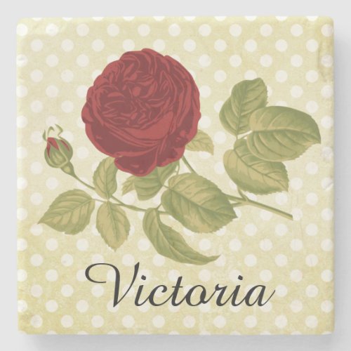 Antique Red Rose Parchment Polka Dots Personalized Stone Coaster