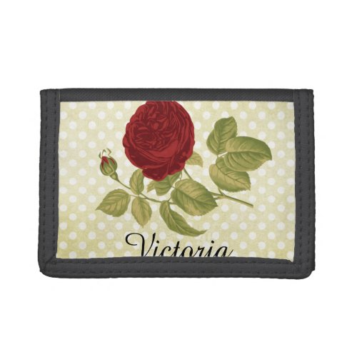 Antique Red Rose Parchment Polka Dots Personalized Tri_fold Wallet