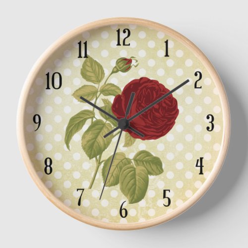 Antique Red Rose Parchment Polka Dots Wall Clock
