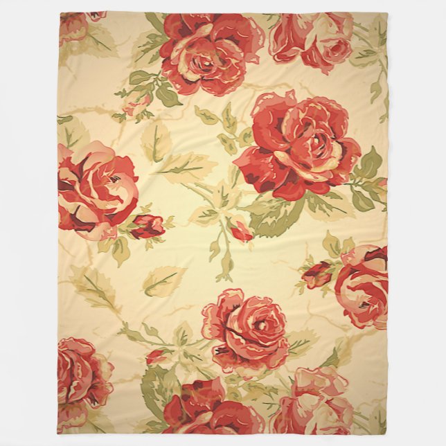 Antique red rose print fleece blanket (Front)
