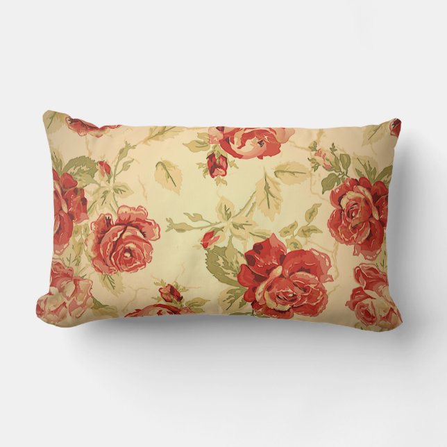 Antique red rose print lumbar pillow (Front)