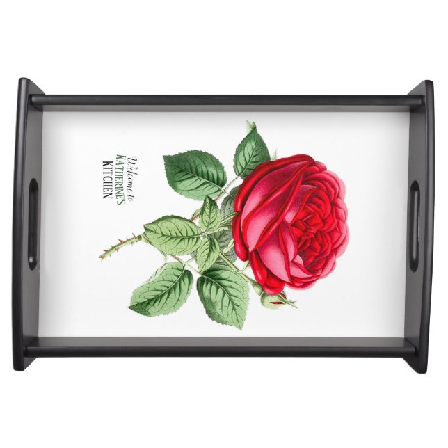 Antique Red Rose with Customizable Text Serving Tray (Front)